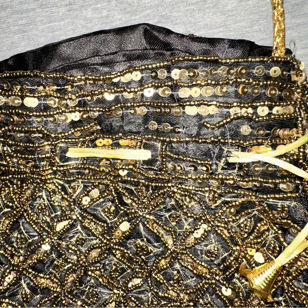 Vtg Gold Beaded Sequin Drawstring Pouch Bag Evening Wedding Potli Reticule Purse - Picture 3 of 6